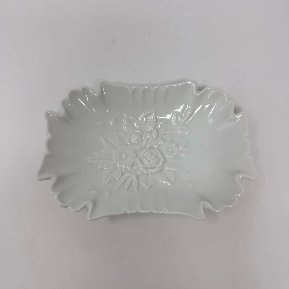 Vintage White Scalloped Porcelain Vanity Dish with Raised Floral Design – 6